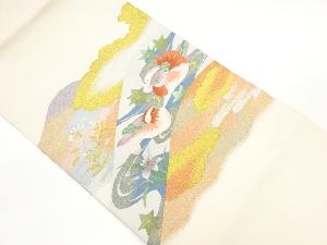 綴れ鴛鴦に草花・雲模様織出し名古屋帯